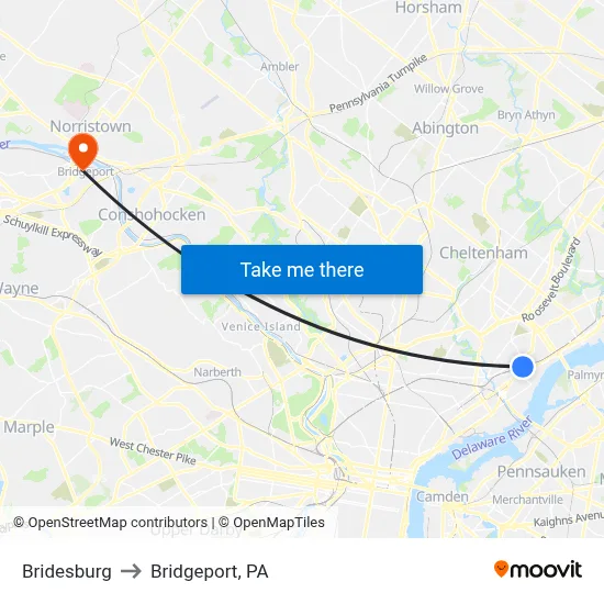 Bridesburg to Bridgeport, PA map