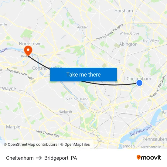 Cheltenham to Bridgeport, PA map