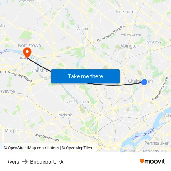 Ryers to Bridgeport, PA map