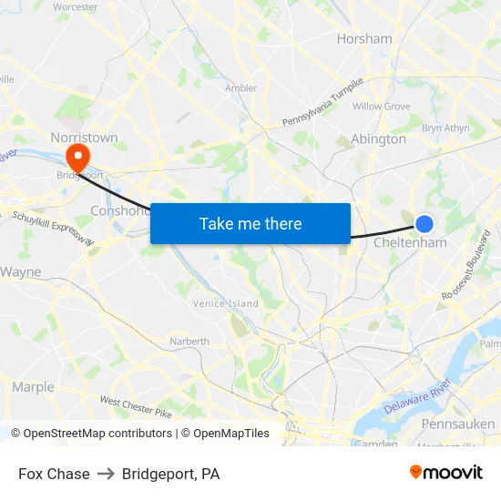 Fox Chase to Bridgeport, PA map