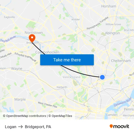 Logan to Bridgeport, PA map