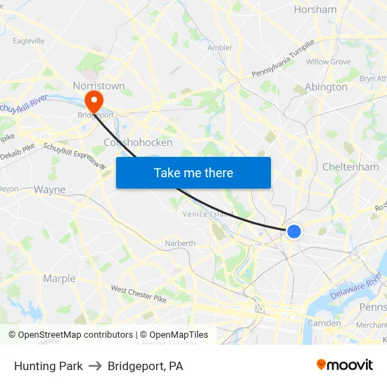 Hunting Park to Bridgeport, PA map
