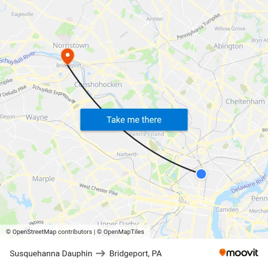 Susquehanna Dauphin to Bridgeport, PA map