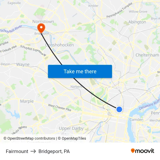 Fairmount to Bridgeport, PA map