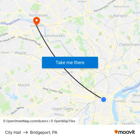 City Hall to Bridgeport, PA map