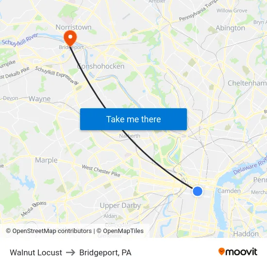 Walnut Locust to Bridgeport, PA map