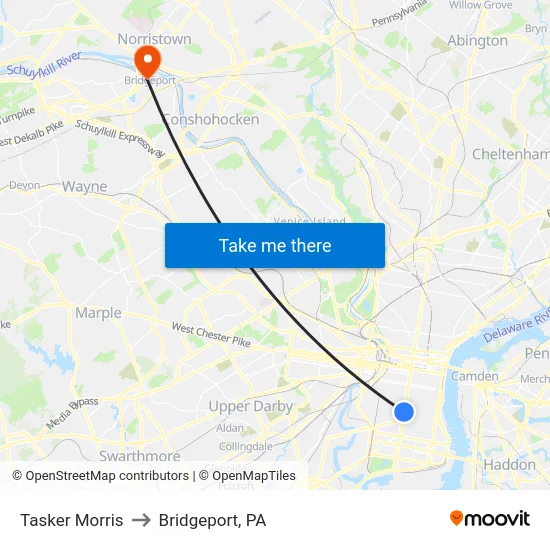 Tasker Morris to Bridgeport, PA map
