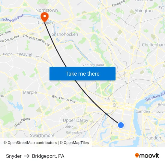 Snyder to Bridgeport, PA map