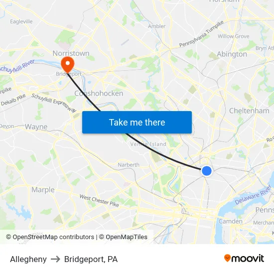 Allegheny to Bridgeport, PA map