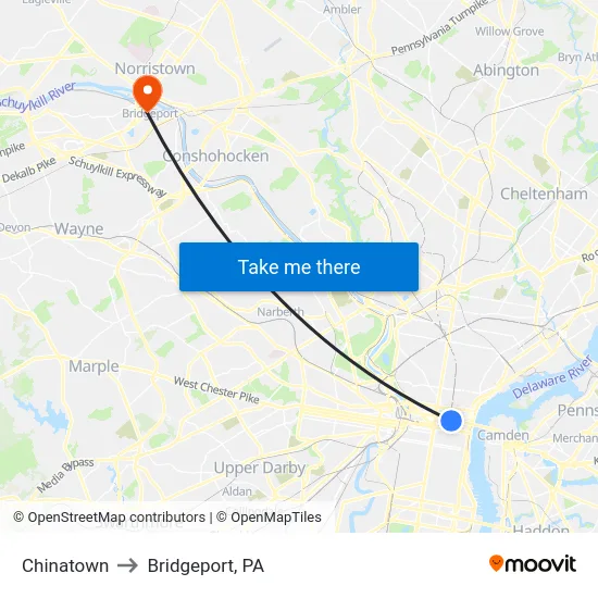 Chinatown to Bridgeport, PA map