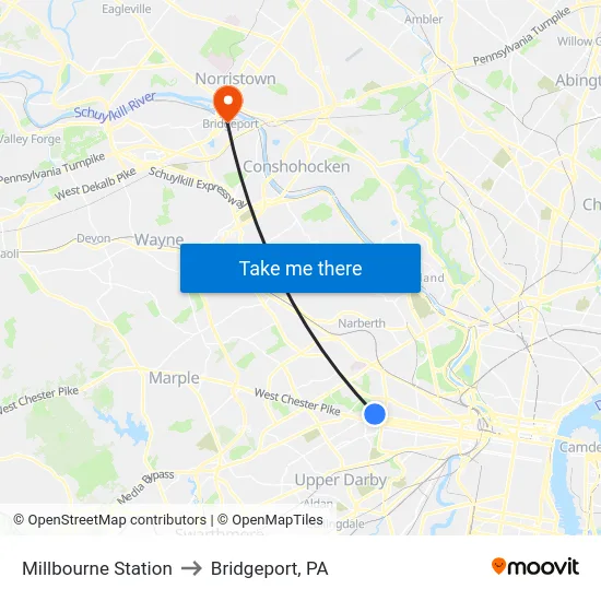 Millbourne Station to Bridgeport, PA map