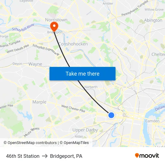 46th St Station to Bridgeport, PA map