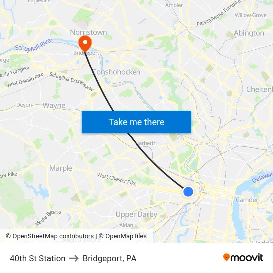 40th St Station to Bridgeport, PA map