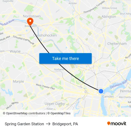 Spring Garden Station to Bridgeport, PA map