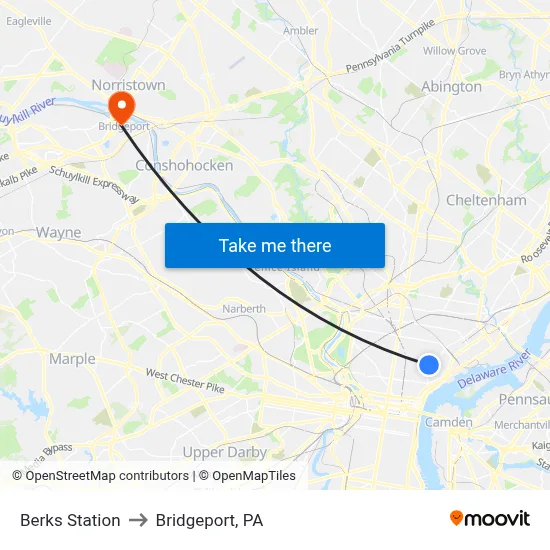 Berks Station to Bridgeport, PA map