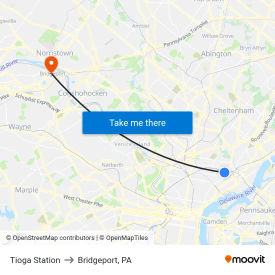 Tioga Station to Bridgeport, PA map