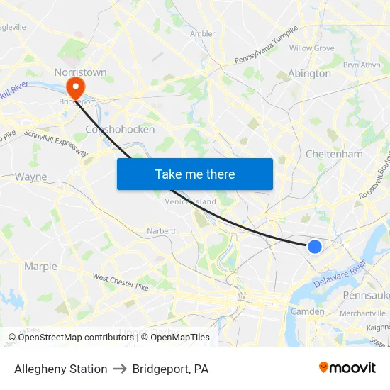Allegheny Station to Bridgeport, PA map