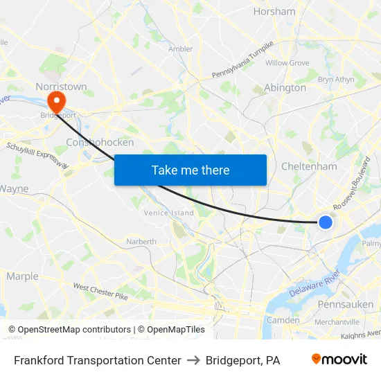 Frankford Transportation Center to Bridgeport, PA map