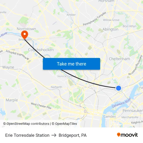 Erie Torresdale Station to Bridgeport, PA map
