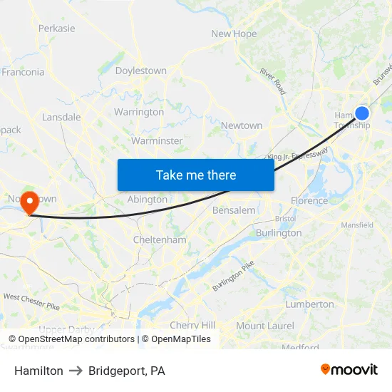 Hamilton to Bridgeport, PA map
