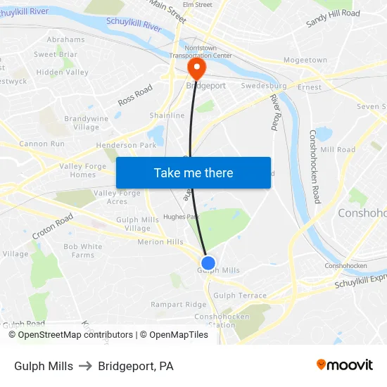 Gulph Mills to Bridgeport, PA map