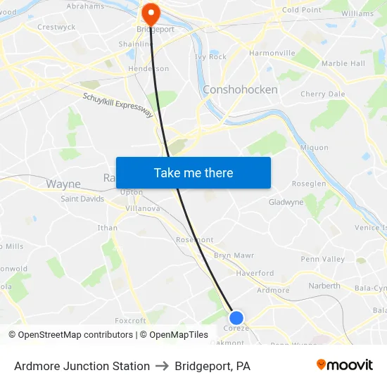 Ardmore Junction Station to Bridgeport, PA map