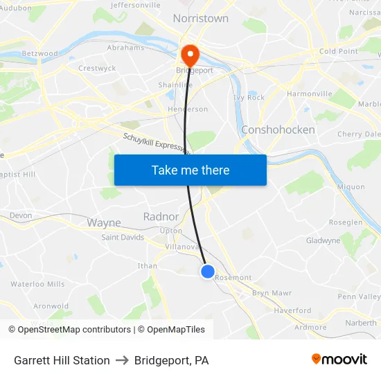 Garrett Hill Station to Bridgeport, PA map
