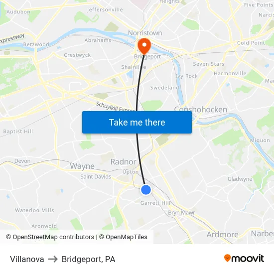 Villanova to Bridgeport, PA map