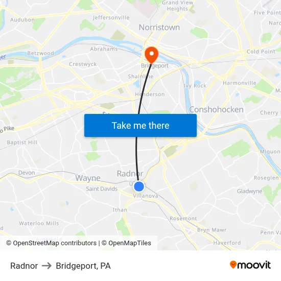 Radnor to Bridgeport, PA map