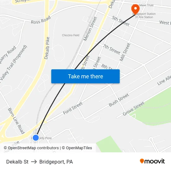 Dekalb St to Bridgeport, PA map