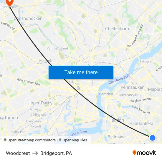 Woodcrest to Bridgeport, PA map