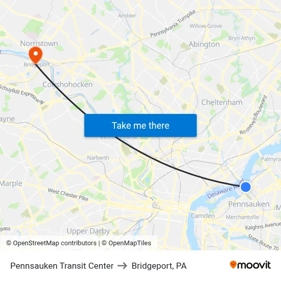 Pennsauken Transit Center to Bridgeport, PA map