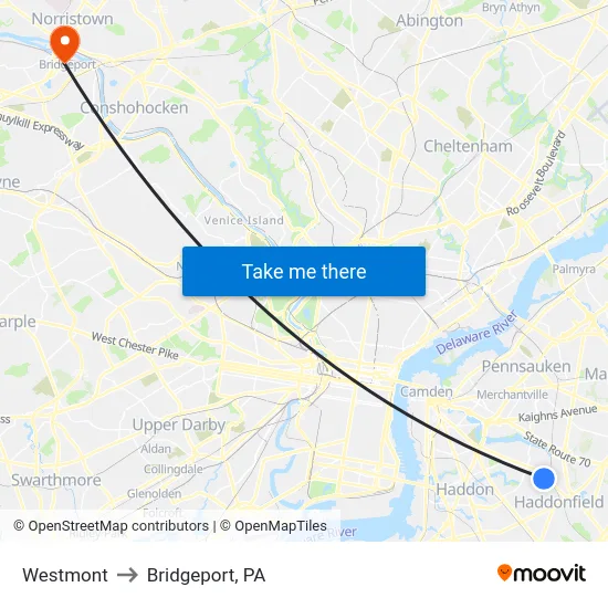Westmont to Bridgeport, PA map