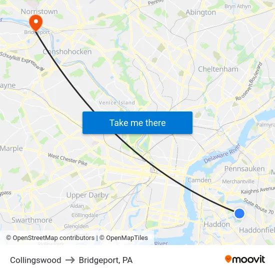 Collingswood to Bridgeport, PA map