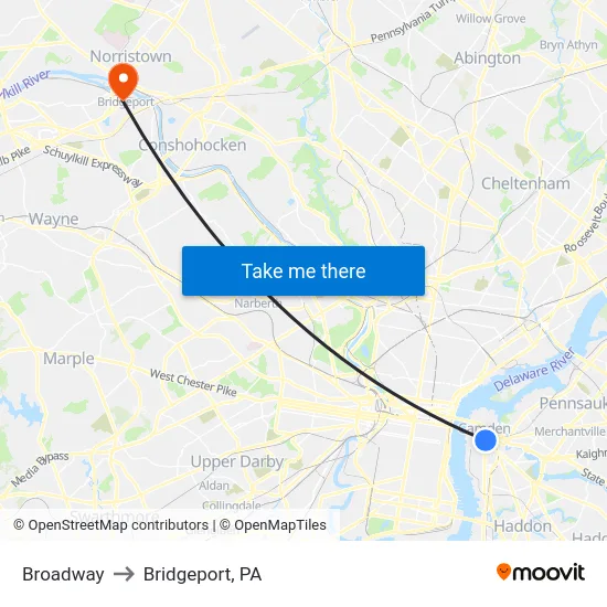 Broadway to Bridgeport, PA map