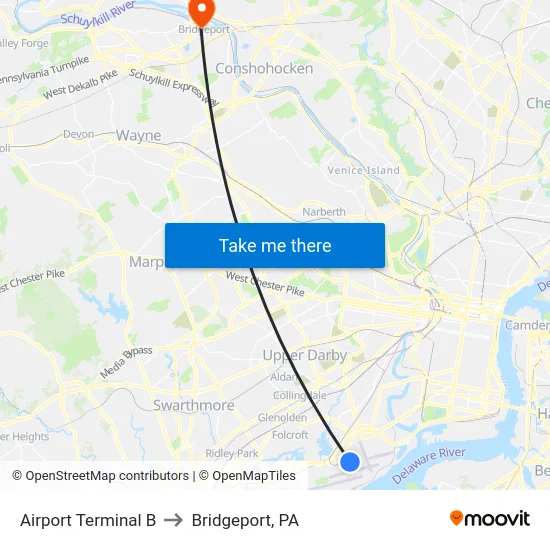 Airport Terminal B to Bridgeport, PA map