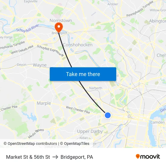 Market St & 56th St to Bridgeport, PA map