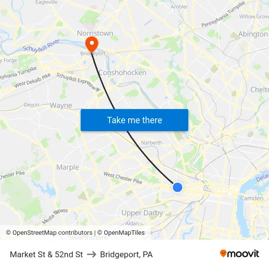 Market St & 52nd St to Bridgeport, PA map