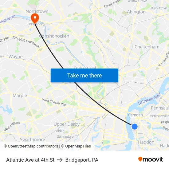 Atlantic Ave at 4th St to Bridgeport, PA map