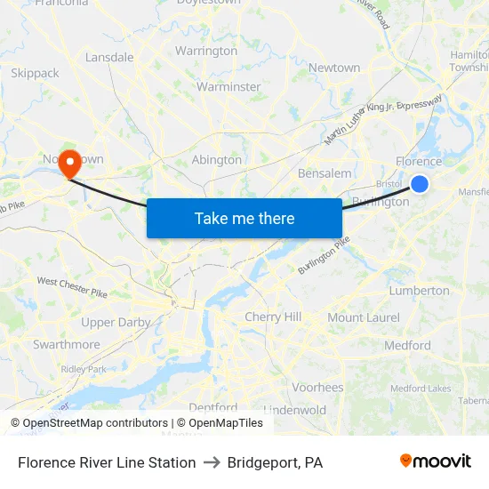 Florence River Line Station to Bridgeport, PA map