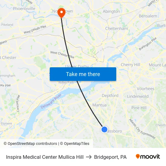 Inspira Medical Center Mullica Hill to Bridgeport, PA map