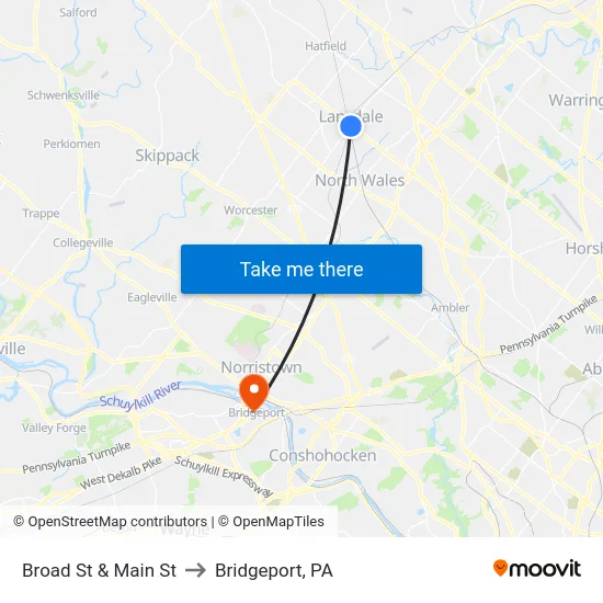 Broad St & Main St to Bridgeport, PA map