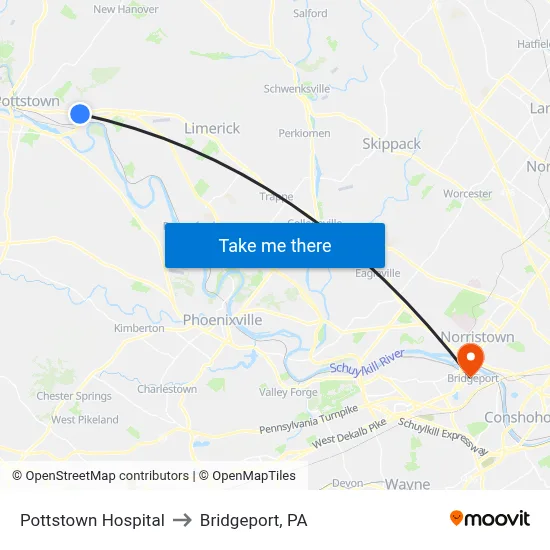 Pottstown Hospital to Bridgeport, PA map