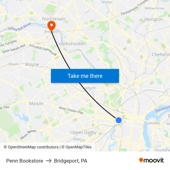 Penn Bookstore to Bridgeport, PA map