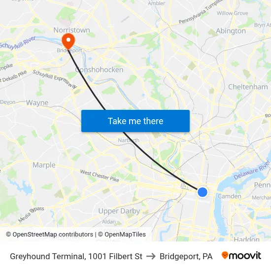 Greyhound Terminal, 1001 Filbert St to Bridgeport, PA map