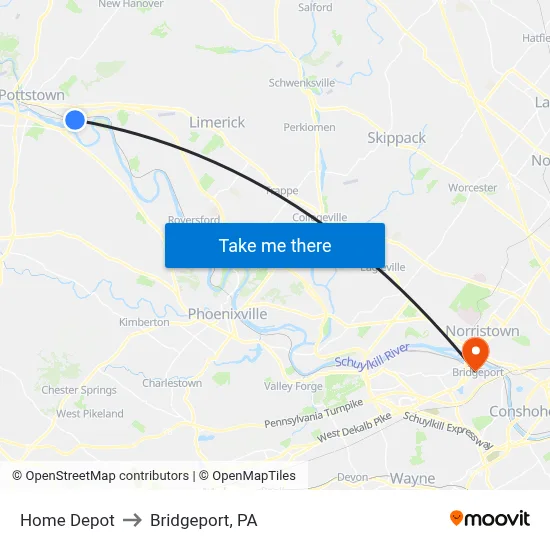 Home Depot to Bridgeport, PA map