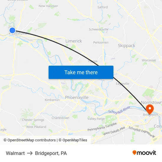 Walmart to Bridgeport, PA map