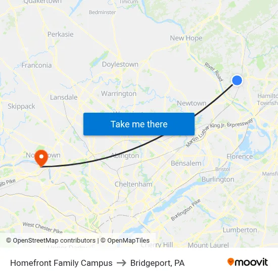 Homefront Family Campus to Bridgeport, PA map