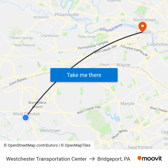 Westchester Transportation Center to Bridgeport, PA map