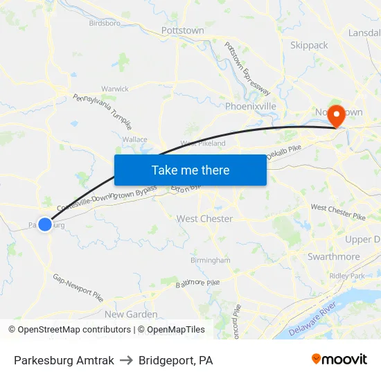 Parkesburg Amtrak to Bridgeport, PA map